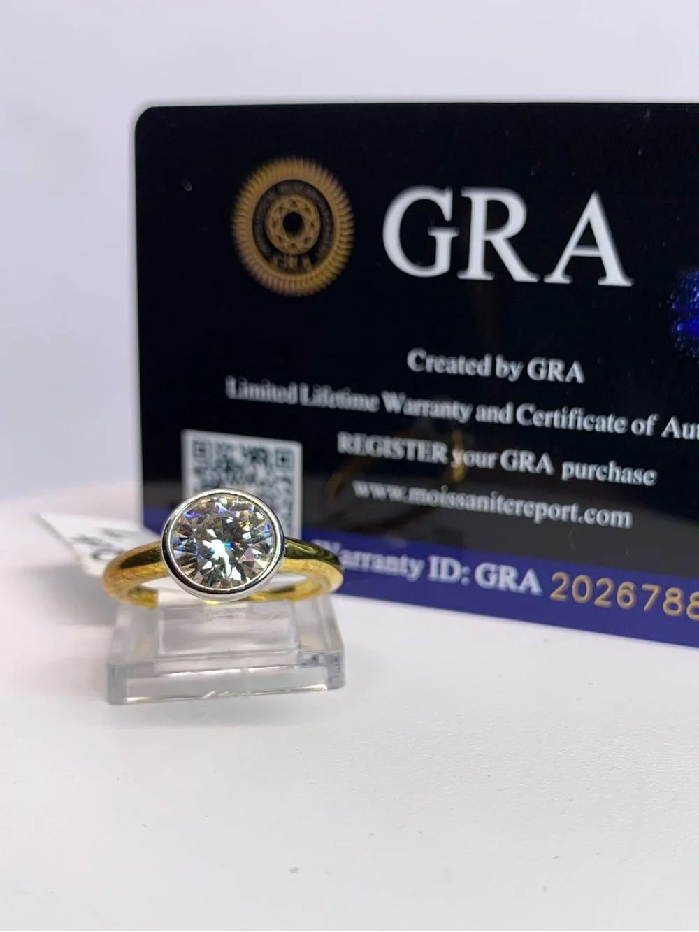 Yellow - White Gold Two Tone Bezel Moissanite Ring Brilliant Round Cut GRA 2 Ct